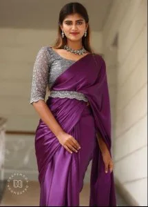 Dark Purple Satin Saree With Silver Designer Blouse And Belt