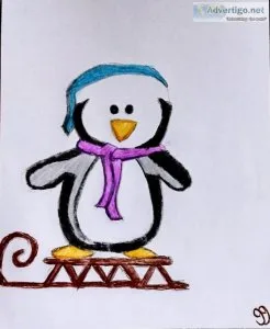 Cute Winter Penguin In Snow GG - 8.5&quot x 11&quot Colored Penc