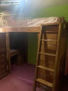 BunkBed Solid Wood twin w mattress andlower library desk and a D