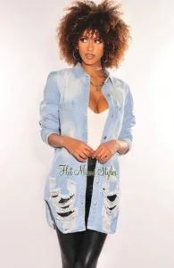 Best Light Denim Distressed Long Sleeve Jacket  Hot Miami Styles