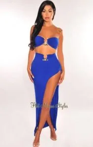 Shop Designer Hot Royal Blue Bandeau Slit Skirt Two-Piece Set