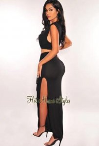 Shop Black Sleeveless Keyhole Slit Maxi Skirt Two Piece Set
