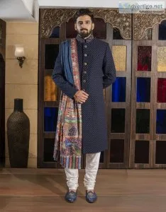 Three piece nawabi pure silk sherwani in navy blue