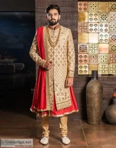 Three piece floral work sherwani in golden red