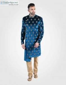 Two piece asymmetric t velvet sherwani in blue