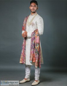Pure lucknowi chest motif sherwani in pearl white