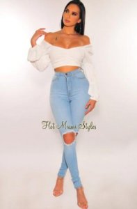 Best Light Denim Ripped Knee-High Waist Skinny Jeans Online