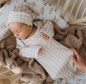 Sand Gingham Newborn Knotted Gown &ndash Snuggly Jacks