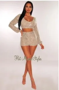 Shop Fashionable Champagne Sequins Long Sleeves Two-Piece Sets