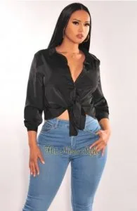 Black Satin Collared Button Up Long Sleeve Top &ndash Hot Miami 