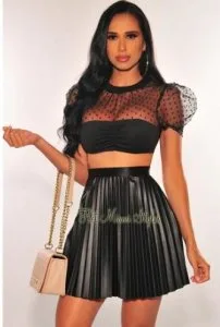 Buy Black Faux Leather Pleated High Waist Skirt Two Piece Set