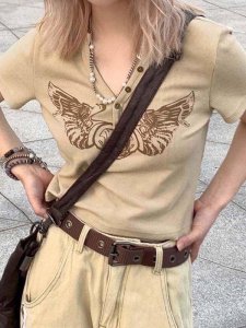 Get A Wing Print Button Ribbed Crop Top &ndash Emmiol.com