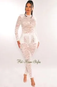 Two Piece White Floral Bodysuit Pants Set  &ndash Hot Miami Styl