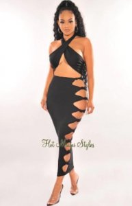 Shop Black High Waist Cut-Out Knotted Slit Skirt Online
