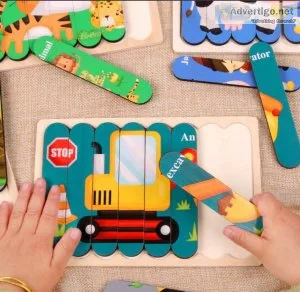 Kids Animal 3D Wooden Puzzle Montessori Toy Double-sided Strip P