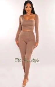 Shop Taupe Long Sleeve Pants Two Piece Set &ndash Hot Miami Styl