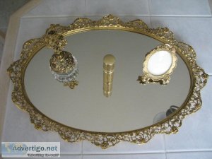 MIRRORED BRASS TRAY wBRASS and GLASS PERFUME BOTTLE