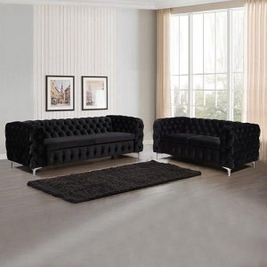 32 Seater Sofa Classic Button Tufted Lounge in Black Velvet Fabr