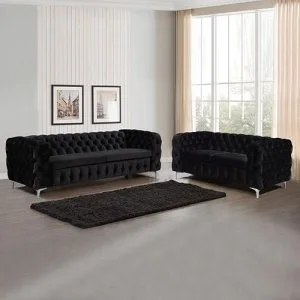 32 Seater Sofa Classic Button Tufted Lounge in Black Velvet Fabr