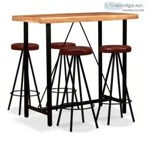 5 Piece Bar Set Solid Acacia Wood and Genuine Leather