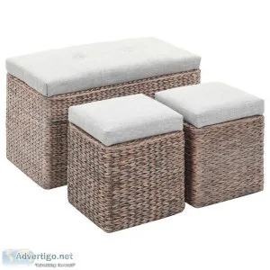 Bench With 2 Ottomans Seagrass Grey