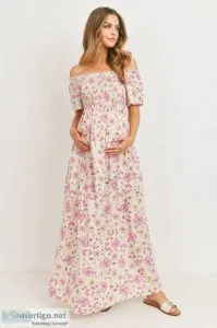 Floral Off-Shoulder Smocked Maxi Maternity Dress - Zimmi Materni