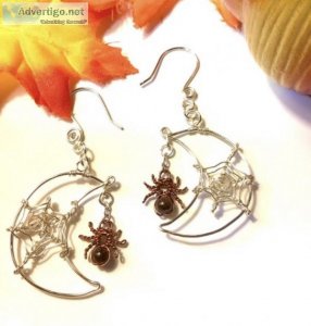 Copper crescent Moon Earrings with Spider Halloween Earrings