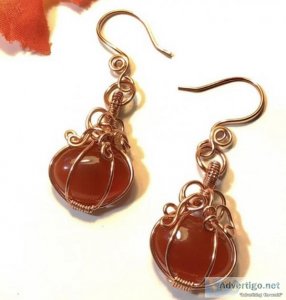 Copper Wire Wrap Gemstone Pumpkin Earrings