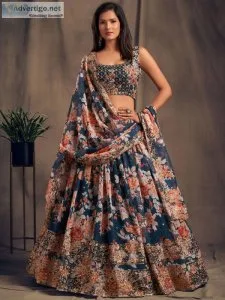 Dove Blue Floral Embroidered Organza Wedding Wear Lehenga Choli