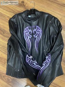 Mens skull jacket and ladies pink and purple jackets glow in the