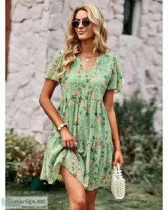 ATUENDO Summer Fashion Green Silk Dress for Women Casual Wedding