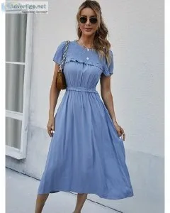 ATUENDO Summer Fashion Solid Blue Long Dress for Women Wedding G