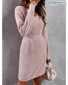 Winter Warm Fashion Pink Dress for Women Vintage Casual High Wai