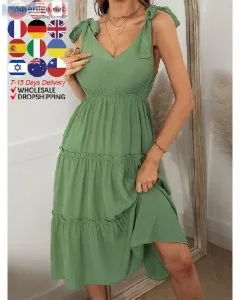 ATUENDO Summer Fashion Green Dress for Women Vintage Solid Satin