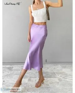 High Waisted Summer Long Skirt Solid Purple Satin Silk Skirt for