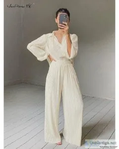 Beige Pleated Wide Leg Womens Pants Casual Loose Trousers Office