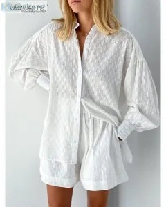 White Elegant Jacquard Fabric Soft Vacation Suits Women Long Sle