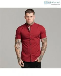 Summer Man Short Sleeve Shirt Solid Fitness Mens Stand Collar Su