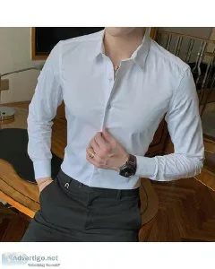 Cotton Long Sleeve Shirt Solid Slim Fit Male Social Casual Busin