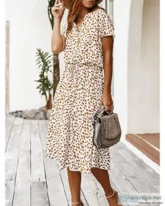 Dots Print White Summer Short Sleeve Tunic Vintage Midi Women Dr
