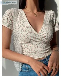 Summer Frence retro floral V-neck short-sleeved womens top