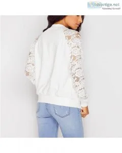 Women Basic Lace Long Sleeve Patchwork Transparent Zipper Casual