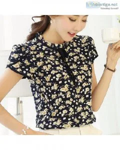 Summer Floral Print Chiffon Blouse Ruffled Collar Bow Neck Shirt