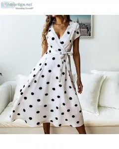 Women Vintage Casual Polka Dot Print V-neck Short Sleeve Party D