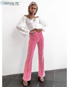 Pink Corduroy Flare Leggings Women Winter Warm High Waisted Flar