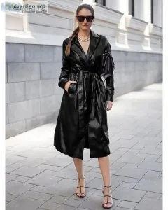 Elegant Wrape Trench Coat Long Casual Women Black Faux Leather J