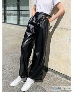 High Waisted Wide Black Classy Faux Leather Soft Pants