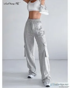 Gray Sweatpants Winter Double Pockets Drawstring Sportswear High