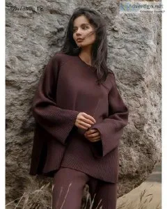 Gray Oversized Sweater Knitted 2-Piece Women Suits Fall Winter P
