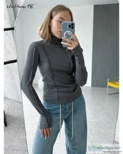 Turtleneck Jersey Bodycon T-Shirt Women Frill Long Sleeve Basic 